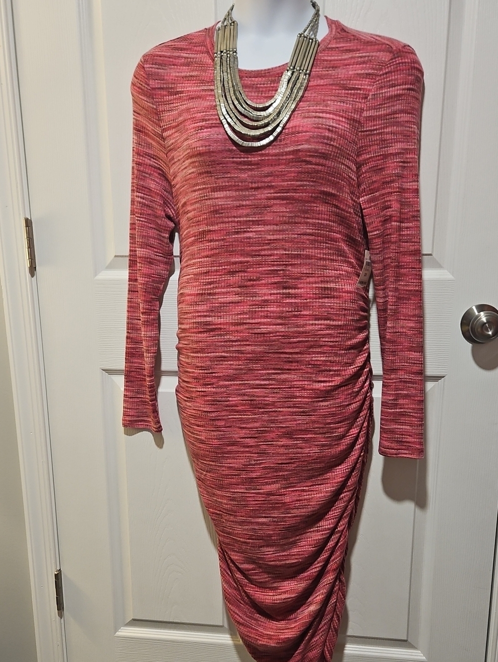 Long Sleeve Ruched Pink Midi Dress